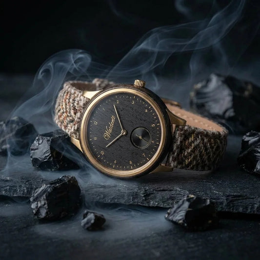 Dámske drevené hodinky Mystik tweed – lifestylová fotografia na tmavom kameni s mystickým závojom dymu