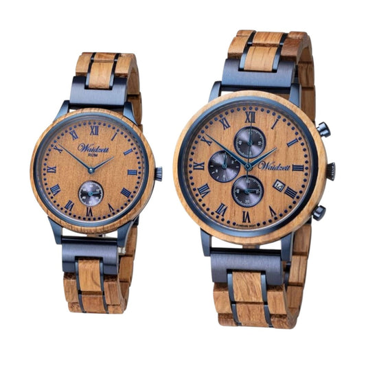 Partnerské drevené hodinky Waidzeit RUM – elegantný set pánskych a dámskych hodiniek vyrobených z rumových sudov, symbol lásky, prírody a spoločného príbehu