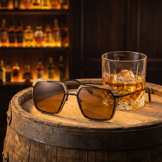 Grain Whisky – lifestylová fotografia na dubovom sude pri pohári írskej whisky