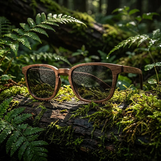 Waldblick Eben – lifestylová fotografia na tmavom lesnom kmeni obklopenom papraďami