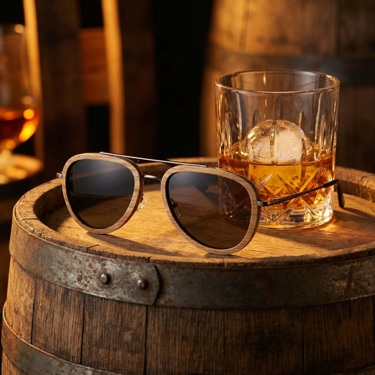 Malt Whisky – lifestylová fotografia na vintage dubovom sude pri krištáľovom pohári whisky