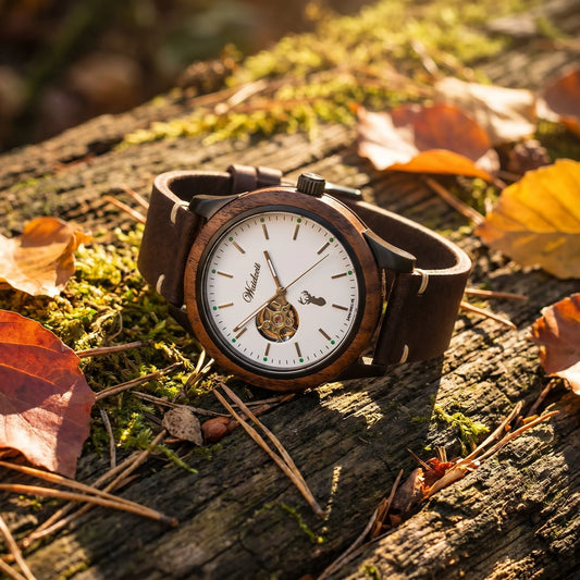Pánske drevené automatické hodinky GAMSKAR LEATHER – lifestylová fotografia na machom porastenom kmeňi obklopenom jesenným lístím