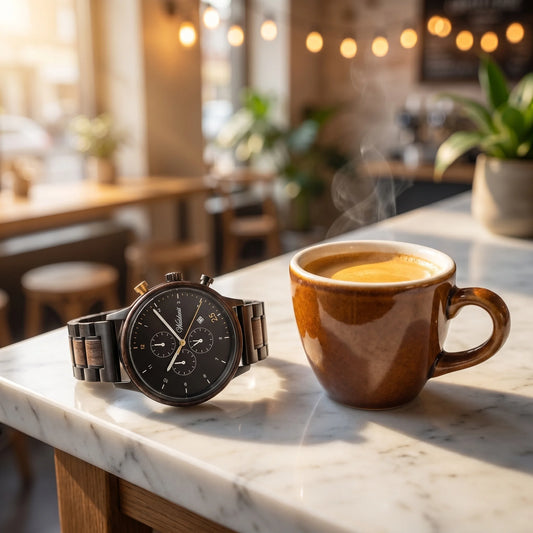 Pánske drevené hodinky Barista Oro – lifestylová fotografia pri espresse na mramorovom kaviarníckom pulte