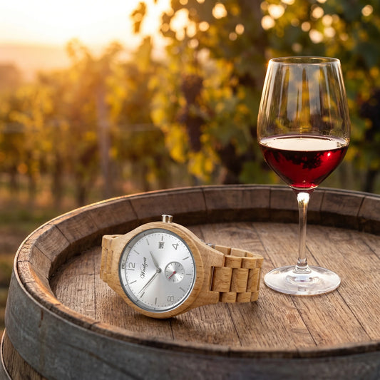Pánske drevené hodinky Barrique Chardonnay – lifestylová fotografia pri kryštálovom pohári vína na dubovom sude
