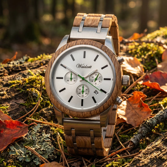 Pánske drevené hodinky Chronograf Steirischer Panther – lifestylová fotografia na machom porastenom kmeňi obklopenom jesenným lístím