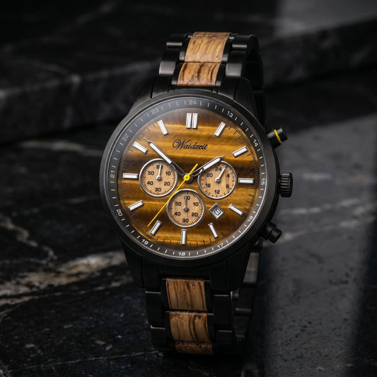 Pánske drevené hodinky Courage Chronograph – lifestylová fotografia na tmavom mramorovom povrchu