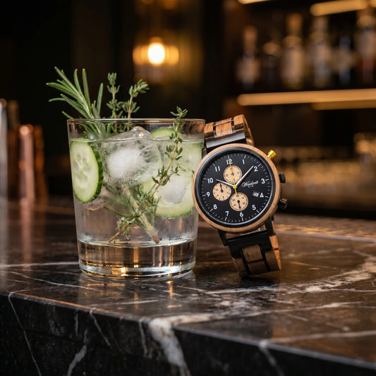 Pánske drevené hodinky Gin Gold Black – lifestylová fotografia pri džinovom koktaile s uhorkou, ľadom a bylinkami
