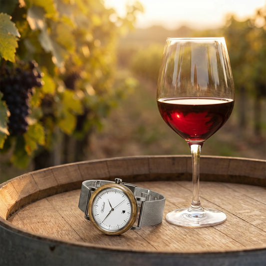 Pánske drevené hodinky Grapevine Metalické – lifestylová fotografia pri kryštálovom pohári vína na dubovom sude
