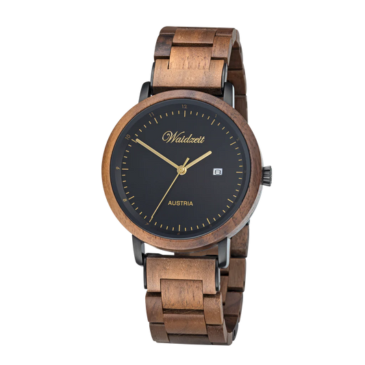 Pánske drevené hodinky Waidzeit Max z orechového dreva s čiernym ciferníkom a zlatými detailmi – nadčasová elegancia s alpským dizajnom