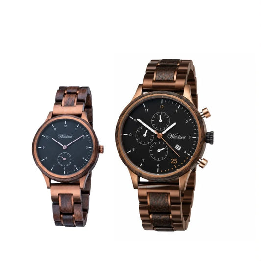 Partnerské drevené hodinky Waidzeit Barista Espresso – pánsky chronograf a dámske hodinky