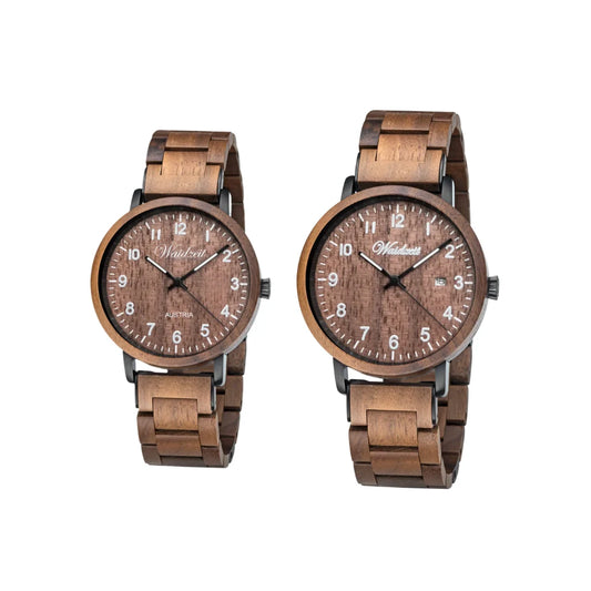 Partnerské drevené hodinky Waidzeit z orechového dreva – elegantný set pre neho aj pre ňu v prírodnom štýle