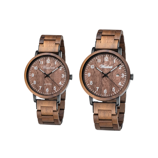 Partnerské drevené hodinky Waidzeit z orechového dreva – elegantný set pre neho aj pre ňu v prírodnom štýle