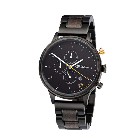 Drevené hodinky Waidzeit Barista Oro – luxusné pánske hodinky z močiarného duba s čiernym chronografickým ciferníkom a zlatými detailmi, inšpirované talianskou kávovou kultúrou