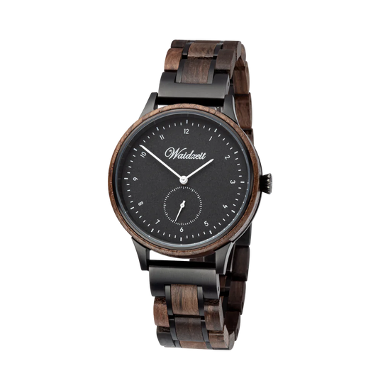 Pánske drevené hodinky Waidzeit Mystic White – elegantné hodinky z močiarného duba s čiernym ciferníkom a bielymi ručičkami