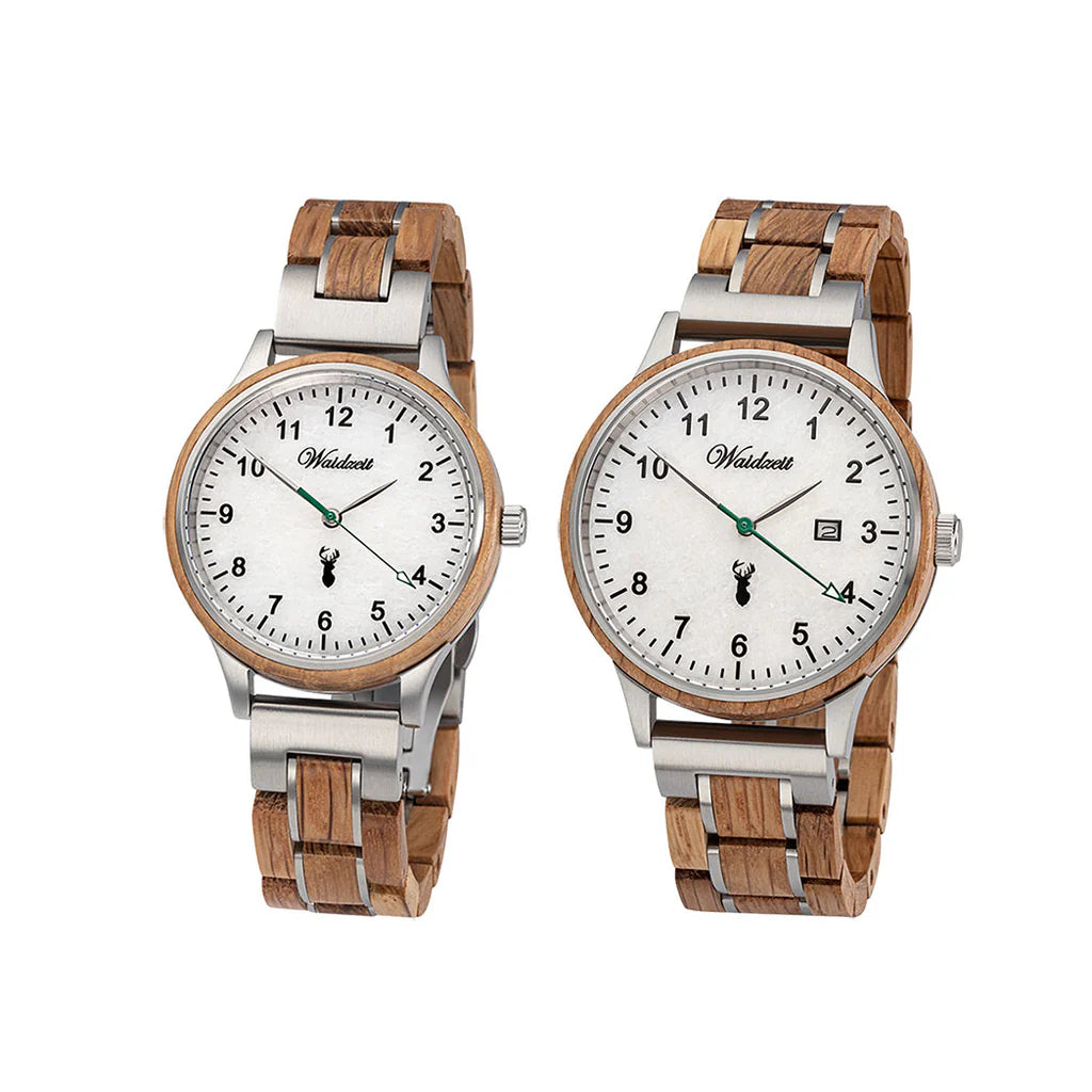 Partnerské drevené hodinky Waidzeit Steirischer Panther z dubového dreva a bieleho mramoru Sölker – elegantný set pre ňu aj pre neho inšpirovaný Štajerskom