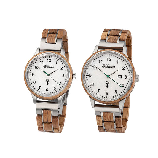 Partnerské drevené hodinky Waidzeit Steirischer Panther z dubového dreva a bieleho mramoru Sölker – elegantný set pre ňu aj pre neho inšpirovaný Štajerskom