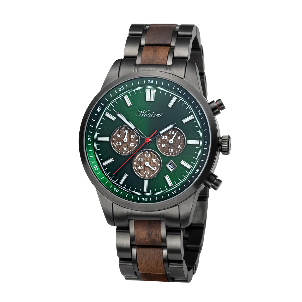 Pánske drevené hodinky Waidzeit Wisdom Chronograph – smaragdovozelený ciferník, orechové drevo a antracitová oceľ