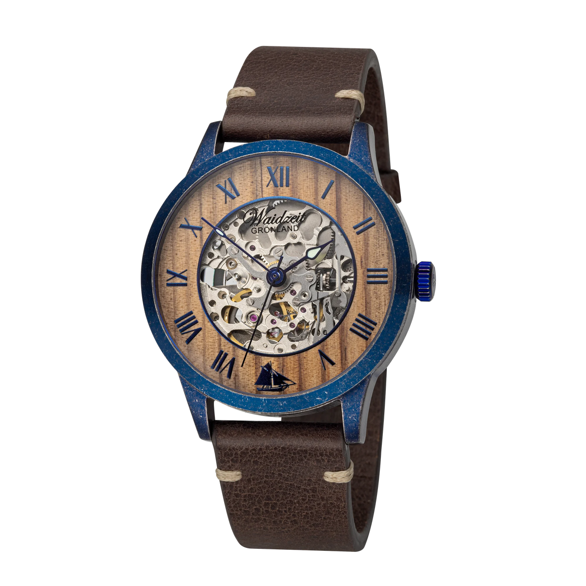 Automatické hodinky Waidzeit Grönland Vintage Blue – modré puzdro a ciferník z lodného dreva