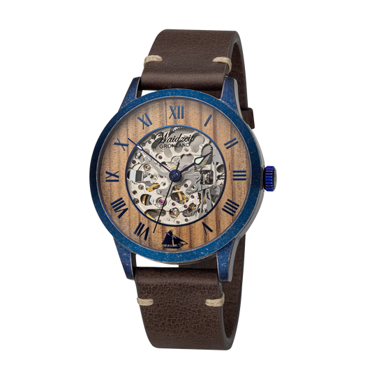 Automatické hodinky Waidzeit Grönland Vintage Blue – modré puzdro a ciferník z lodného dreva