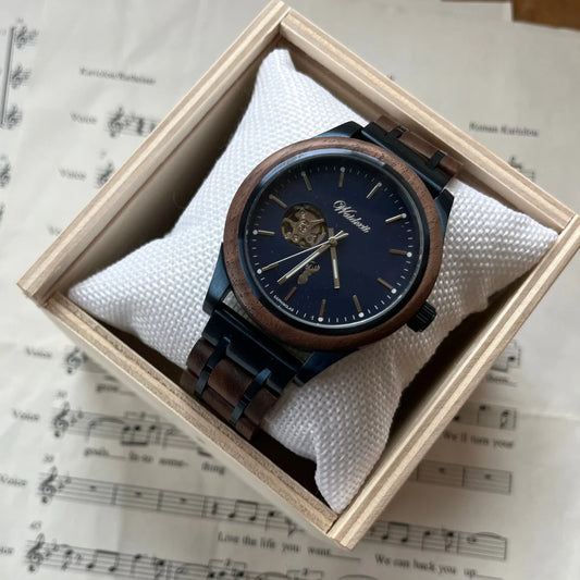 Automatické pánske drevené hodinky Waidzeit Mountain Lake v darčekovom balení – luxusný alpský dizajn s dušou prírody