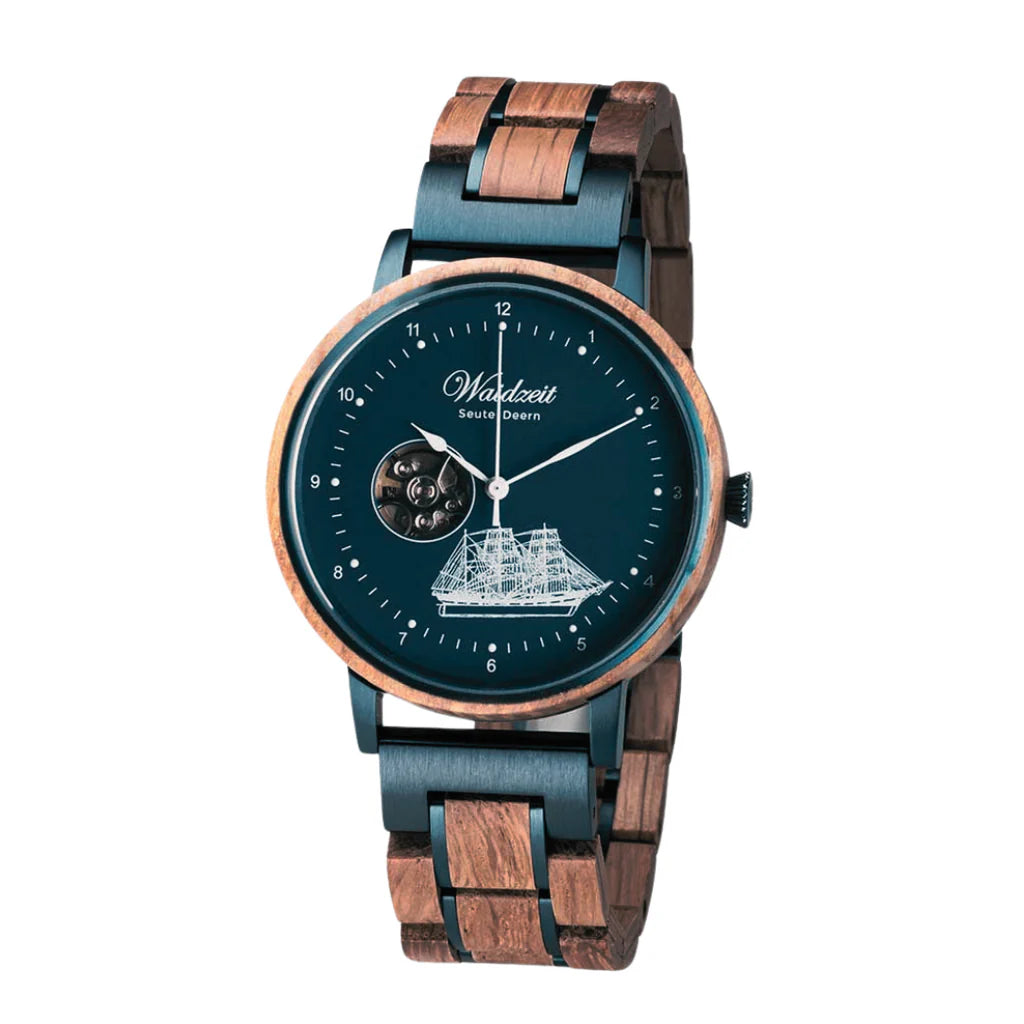 Automatické pánske hodinky Waidzeit Seute Deern z historického lodného dreva – modrý ciferník s motívom lode a zafírové sklíčko