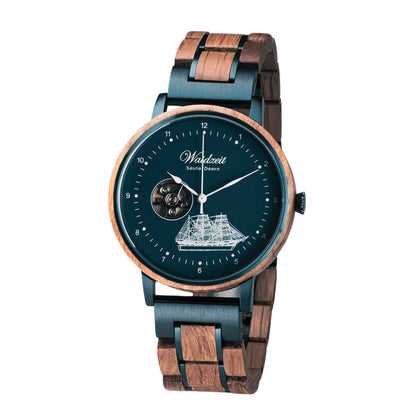 Automatické pánske hodinky Waidzeit Seute Deern z historického lodného dreva – modrý ciferník s motívom lode a zafírové sklíčko