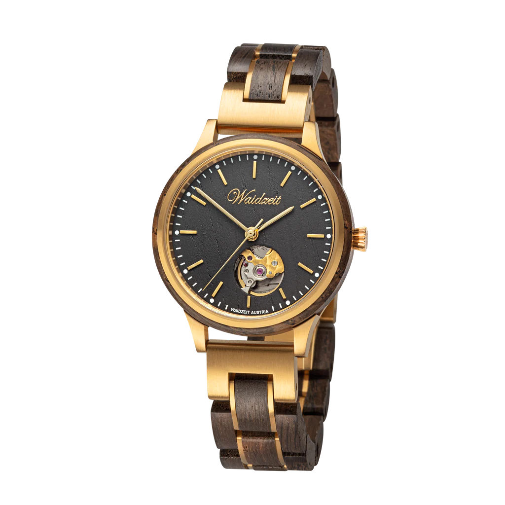 Dámske drevené automatické hodinky Waidzeit Mystik – luxusné hodinky z dubu močiarny so zlatými detailmi