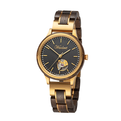 Dámske drevené automatické hodinky Waidzeit Mystik – luxusné hodinky z dubu močiarny so zlatými detailmi