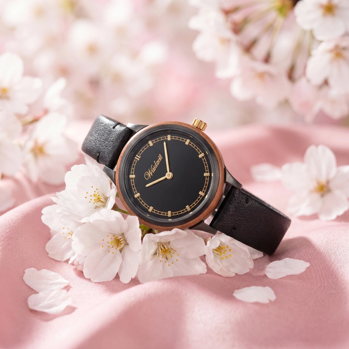 Dámske drevené hodinky Cherry Black Petite – lifestylová fotografia na bielych čerešňových kvetoch s hodvábnou látkou
