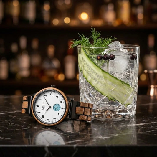 Dámske drevené hodinky Gin White Ice – lifestylová fotografia pri džinovom koktaile s uhorkou, ľadom a bylinkami