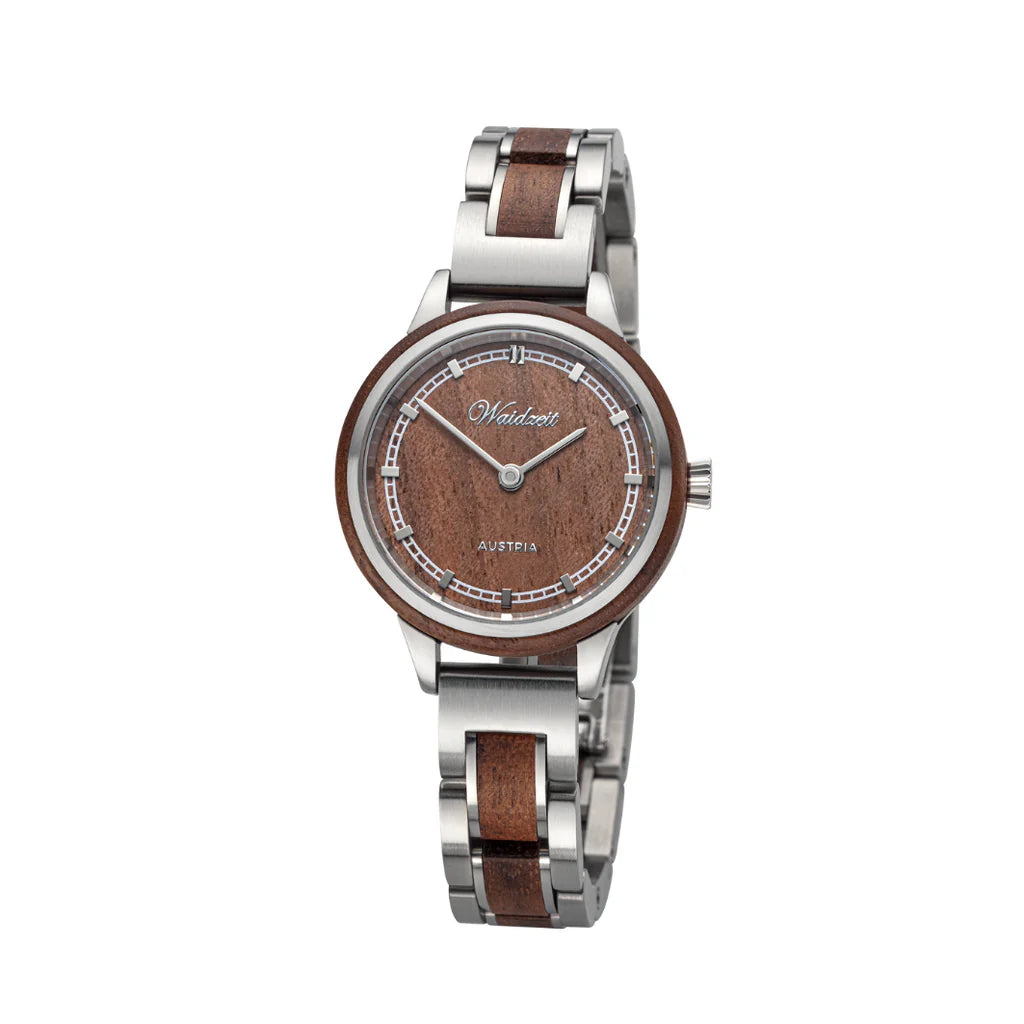 Dámske drevené hodinky Waidzeit Petite Brown z orechového dreva – elegantný a sofistikovaný dizajn s prírodným dreveným ciferníkom