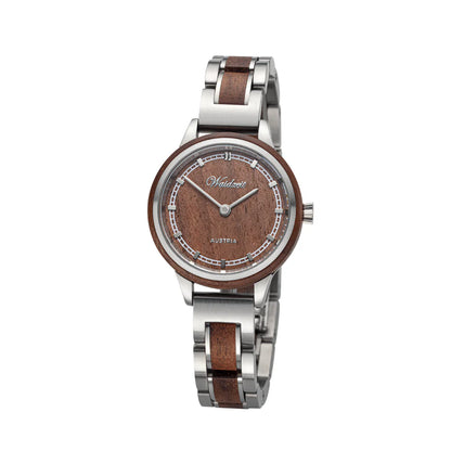Dámske drevené hodinky Waidzeit Petite Brown z orechového dreva – elegantný a sofistikovaný dizajn s prírodným dreveným ciferníkom
