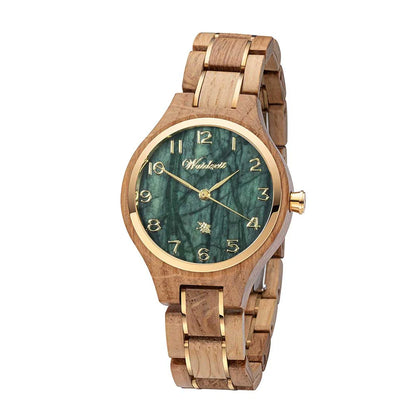 Dámske drevené hodinky Waidzeit Wine Princess Vert z barikového dreva s nefritovo zeleným ciferníkom a zlatými detailmi – elegancia inšpirovaná vínom