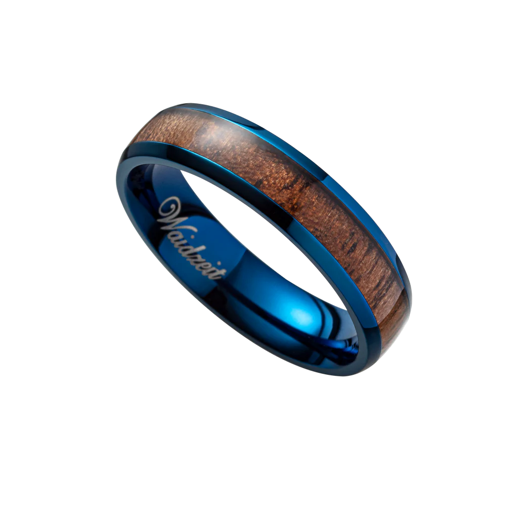 Dámsky drevený prsteň Waidzeit Harmonie Modrá oceľ & Orech – elegantný šperk inšpirovaný oceánom a prírodnou krásou
