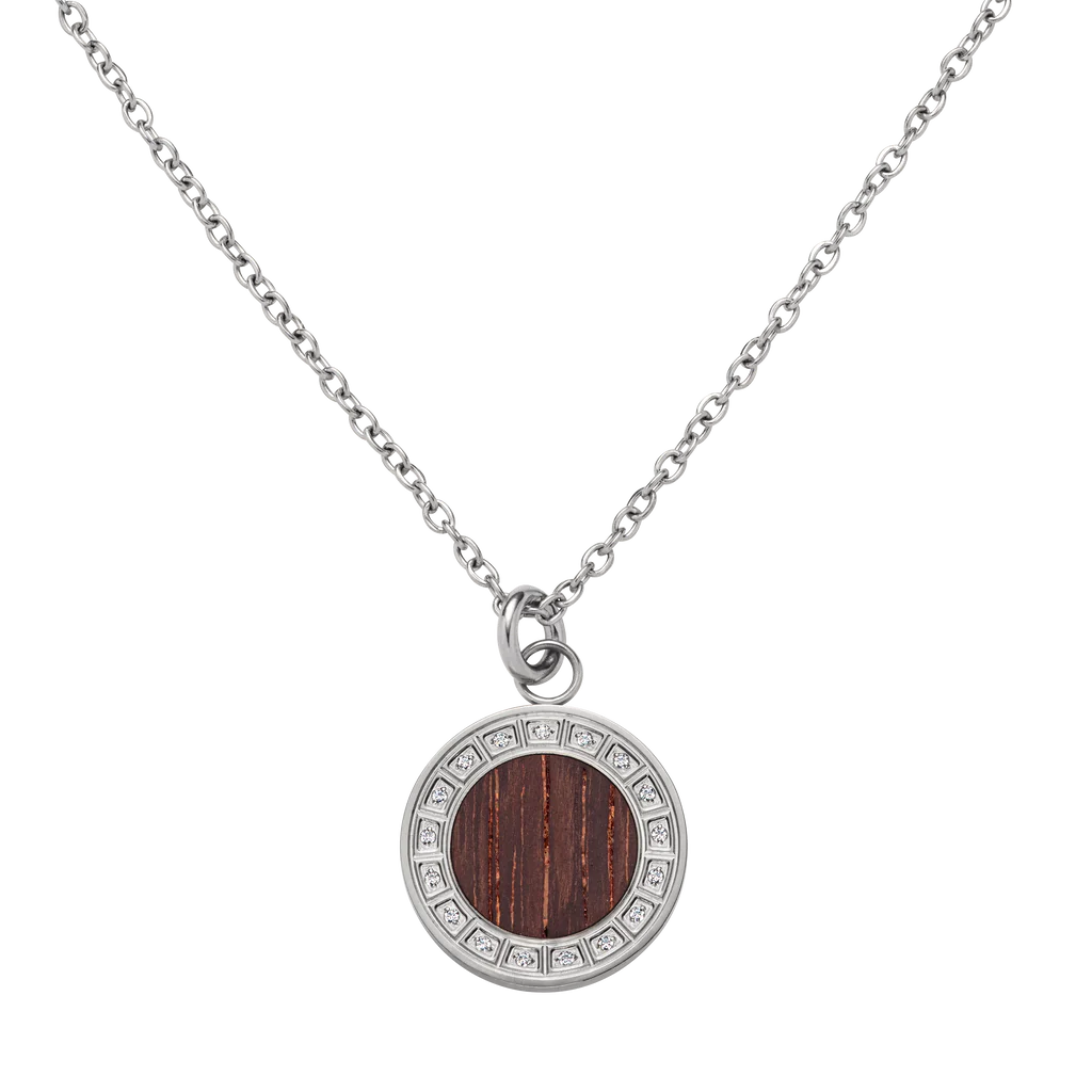 Dámsky náhrdelník Waidzeit Essenza v striebornom prevedení – intarzia z banského dreva zo svetového dedičstva Zollverein, nerezová oceľ a krištále