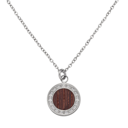 Dámsky náhrdelník Waidzeit Essenza v striebornom prevedení – intarzia z banského dreva zo svetového dedičstva Zollverein, nerezová oceľ a krištále