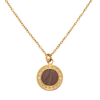 Dámsky náhrdelník Waidzeit Essenza v zlatom prevedení – spojenie prírodného orechového dreva, nerezovej ocele a trblietavých krištáľov v elegantnom dizajne