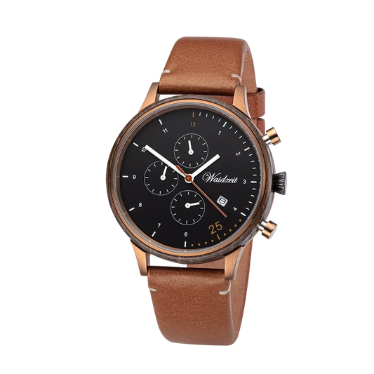Pánske drevené hodinky Waidzeit Barista Espresso Leather – chronograf s koženým remienkom