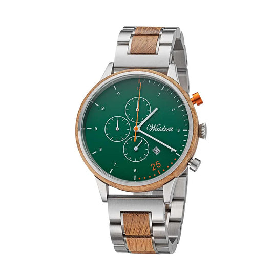 Drevené hodinky Waidzeit Chronograph Barista Verde z vínneho suda s elegantným zeleným ciferníkom a funkciou stopiek