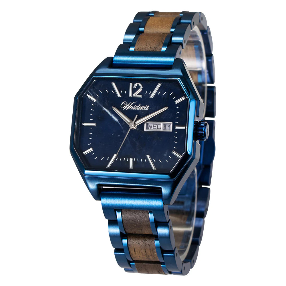 Drevené hodinky Waidzeit Metropolitan Hamburg – elegantná kombinácia orechového dreva a nehrdzavejúcej ocele s ciferníkom z pravého lapisu lazuli
