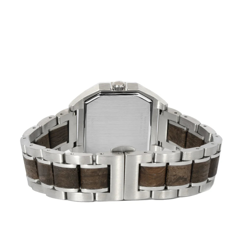 Zadná strana drevených hodiniek Waidzeit Sendeschluss z orechového dreva s možnosťou gravírovania venovania podľa želania