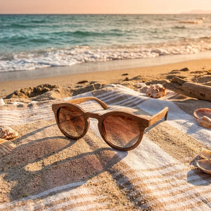 Drevené slnečné okuliare Waidzeit Beach View – lifestylová fotografia na pláži pri mori