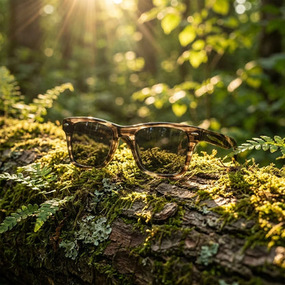 Drevené slnečné okuliare Waidzeit Forest View – lifestylová fotografia v lesnom prostredí