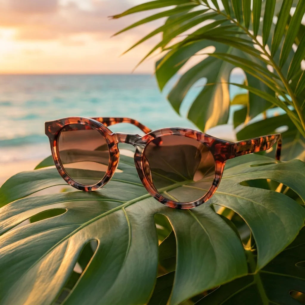 Drevené slnečné okuliare Waidzeit Island View – lifestylová fotografia na tropickom ostrove