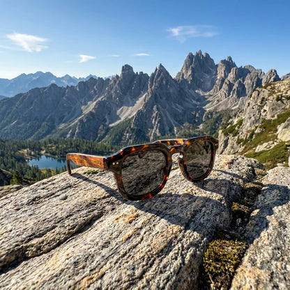 Drevené slnečné okuliare Waidzeit Mountain View – lifestylová fotografia v horskej krajine