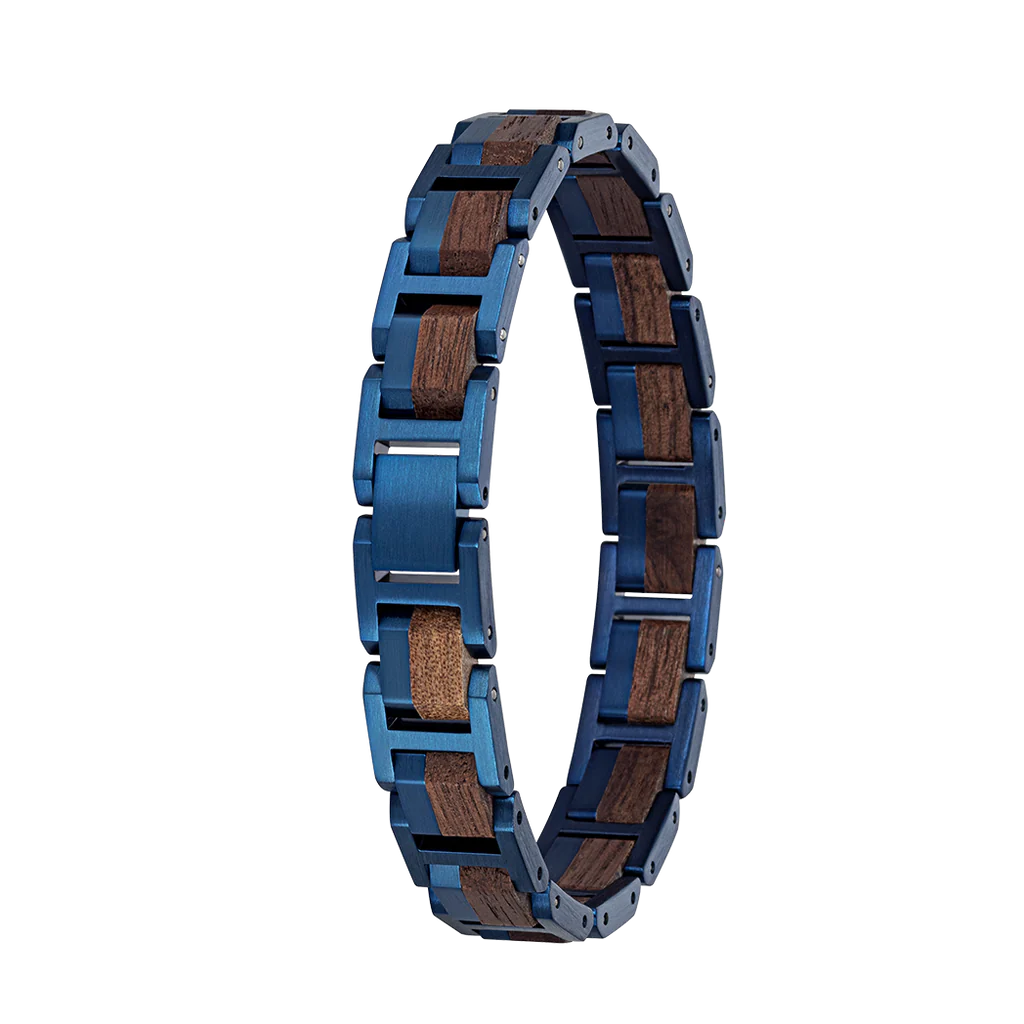 Drevený náramok Waidzeit Element Orech s kráľovskou modrou oceľou – štýlový prírodný doplnok s luxusným dizajnom