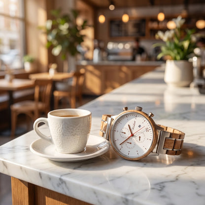 Pánske drevené hodinky Barista Bianco – lifestylová fotografia pri espresse na mramorovom kaviarníckom pulte