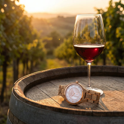 Pánske drevené hodinky Barrique Wine Rose – lifestylová fotografia pri kryštálovom pohári vína na dubovom sude