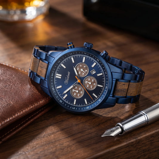Pánske drevené hodinky Confidence Chronograph – lifestylová fotografia na tmavom drevenom stole pri koženej peňaženke
