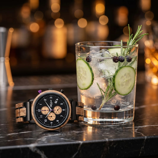 Pánske drevené hodinky Gin Berry Black – lifestylová fotografia pri džinovom koktaile s uhorkou, ľadom a bylinkami